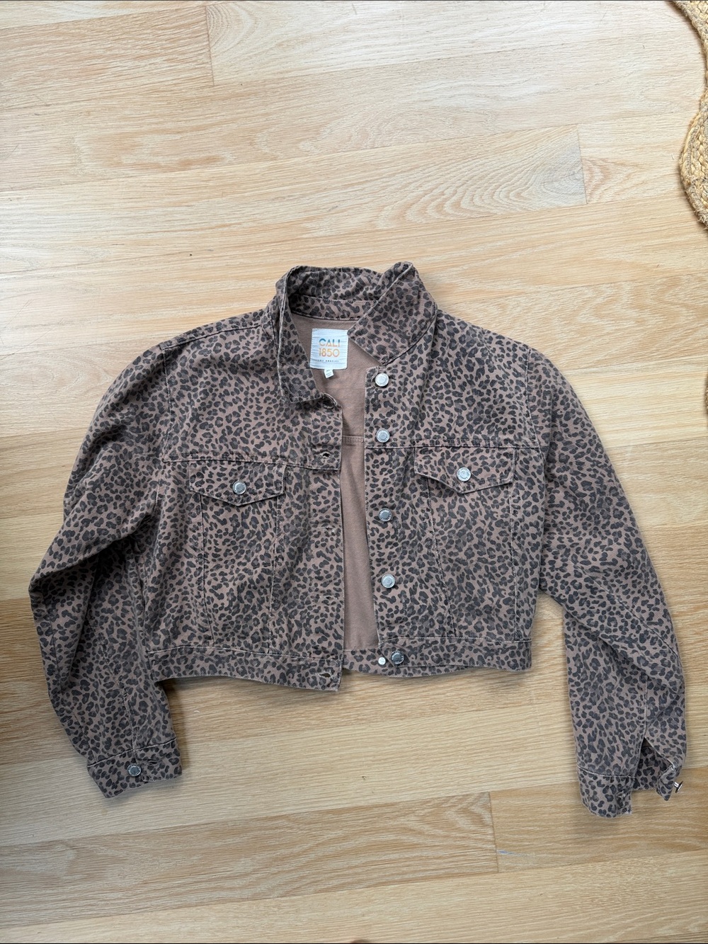 Leopard Print Cropped Jean Jacket in Brown - Girls' Trendy Denim Coat